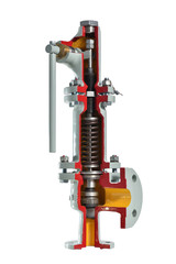 Internal components and design of a spring-type safety valve. The valve is cut for exhibition