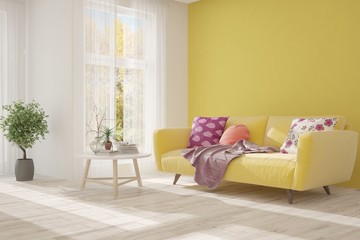 White stylish minimalist room with sofa and autumn landscape in window. Scandinavian interior design. 3D illustration