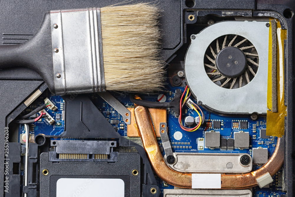 Aufkleber laptop computer motherboard dust cleaning. cpu cooler system with dust and web. electronics maintena