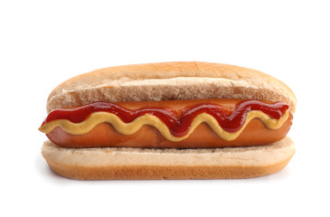 Tasty hot dog on white background. American food as symbol of USA