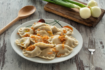 Pierogi, Varenyky, pyrohy with filling, traditional dish of East European cuisine