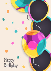 Happy Birthday greeting card with colorful balloons. Vector.