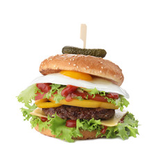 Tasty burger with fried egg on white background