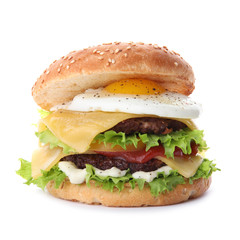 Tasty burger with fried egg on white background