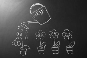 Drawing of flowers and watering can with word 