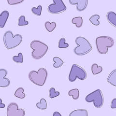 Soft, pastel purple background with hearts. Vector seamless pattern with hearts. Cute sweet love baby background. Colorful design for textile, wallpaper, fabric, decor.