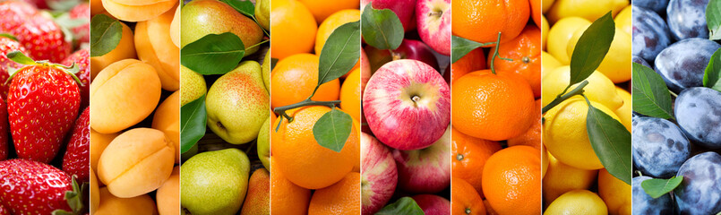 fruit collage of various types fruits - obrazy, fototapety, plakaty