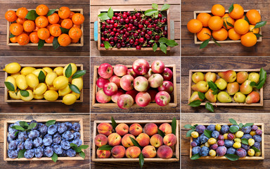 collage of various fruits in a wooden boxes, top view