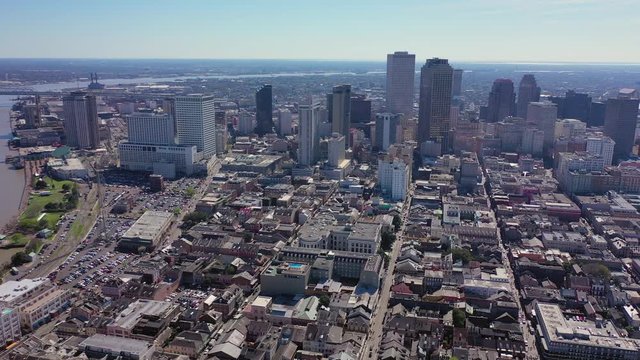 Aerial Pan of Downtown New Orleans left to right above the French Quarter