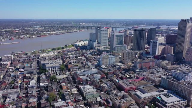 Aerial Rotation View of New Orleans towards River over French Quarter