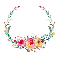 Fototapeta na wymiar Floral wreath, watercolor frame, hand painted flower illustration, wedding flowers, invitation template.