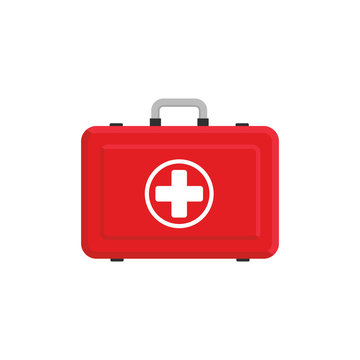 Red first aid box illustration. Flat design. Vector. Isolated.