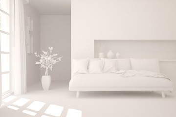 Stylish minimalist room with sofa in white color. Scandinavian interior design. 3D illustration