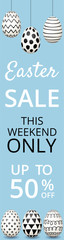 Easter sale banner. Hand drawn Easter eggs with black and white ink pattern on blue background. Vertical web banner