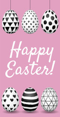 Happy Easter greeting card. Hand drawn Easter eggs with black and white ink pattern on pink background