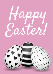 Happy Easter greeting card. Hand drawn Easter eggs with black and white ink pattern on pink background