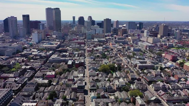 Aerial Zoom Up from the French Quarter towards Downtown New Orleans on a Sunny Day