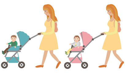 Happy mother walk with baby carriage. Baby sit in pram. Vector illustration on isolated background.