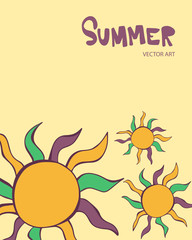 Vector illustration of beautiful orange sun icons. Colorful flower with purple lettering. Great design elements for sticker, card, print or poster. Unique drawing isolated on yellow background. Summer