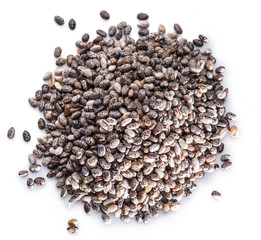 Heap of Chia seeds isolated on white background. Top view.