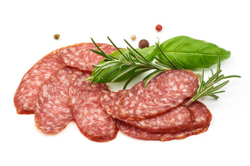 Dried Sausage with herbs, close-up, isolated on white background