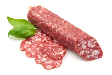 Italian smoked sausage, close-up, isolated on white background