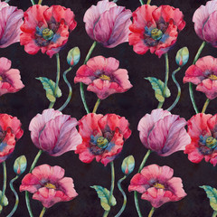 Poppies Seamless Pattern. Watercolor wild red poppies. Surface design for interior decoration, printed issues, invitation cards.