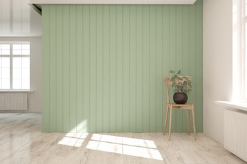 Green minimalist empty room. Scandinavian interior design. 3D illustration