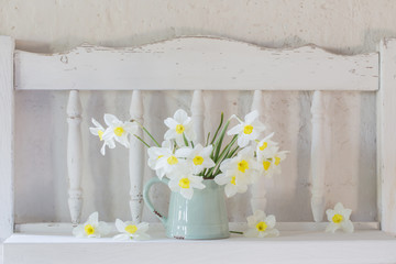 daffodils in jug on white background