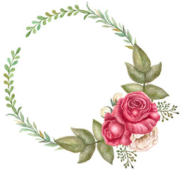 Vintage red roses wreath, watercolor floral frame, realistic flowers illustration.