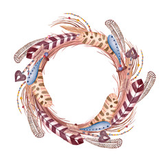 Watercolor wreath with boho feathers and arrows in tribal style. Ethnic illustration.
