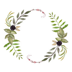 Greenery floral frame , leaf wreath, watercolor wreath, Template for invitations, greeting cards, prints.