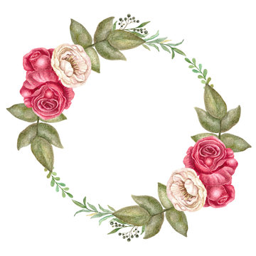 Vintage red roses wreath, watercolor floral frame, realistic flowers illustration.