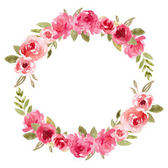 Watercolor floral wreath with pink flowers. Rose frame, hand painted illustration.