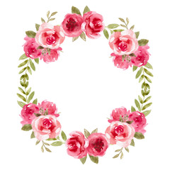 Watercolor floral wreath with pink flowers. Rose frame, hand painted illustration.