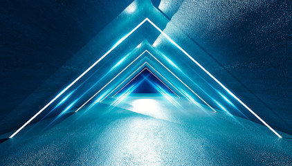 Background of an empty corridor with concrete walls and floor, neon triangle in the center, neon light, smoke
