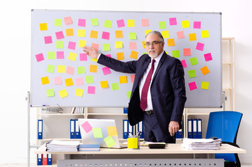 Aged man employee in conflicting priorities concept 