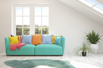 White stylish minimalist room with sofa and summer landscape in window. Scandinavian interior design. 3D illustration