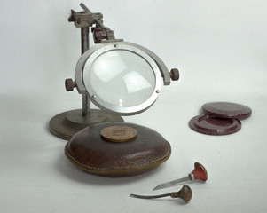 Hand tools for metal engraving, Large magnifying glass. Jewelry tool, cutter, engraver with wooden...