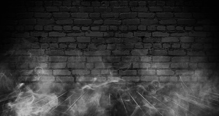 Background of empty brick old wall, spotlight, neon light, smoke
