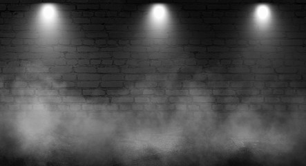 Background of empty brick old wall, spotlight, neon light, smoke