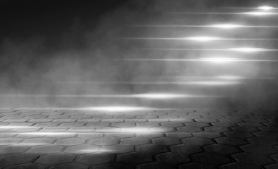 Empty dark street background, concrete pavement, tile. Neon light, spotlight, smoke, smog