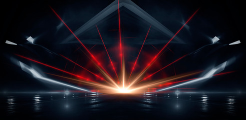 Background wall with neon lines and rays. Background of an empty dark corridor, parking, airport with neon light. Abstract background with lines and glow. Wet asphalt, the reflection of neon lights in