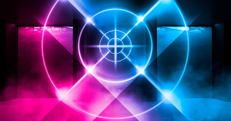 Futuristic abstract background. Empty room background, concrete. Neon blue light smoke. Laser lines, laser target in the center of the room.