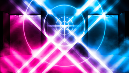 Futuristic abstract background. Empty room background, concrete. Neon blue light smoke. Laser lines, laser target in the center of the room.