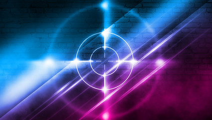 Neon target on a brick wall background with laser lights and rays of light, futuristic abstract background.