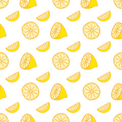 Abstract seamless pattern with cartoon lemons. Bright light pattern with Fresh lemons for fabric, drawing labels, print on t-shirt, wallpaper of children's room. Doodle style cheerful background