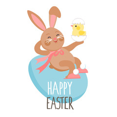 Easter bunny sitting on an egg, Easter greeting card, vector illustration