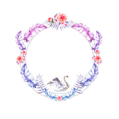 Watercolor hand painted circle frame of swan, feathers, peonies, twigs