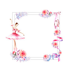 Watercolor hand painted square frame of feathers, peonies, twigs, ribbon, ballerina, pointes